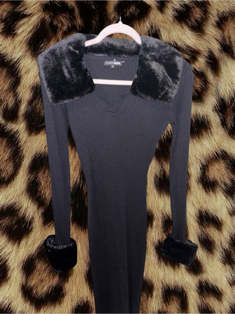 (SIZE M) Fashion Nova Black Ribbed Knit Dress with Faux Fur Collar & Cuffs